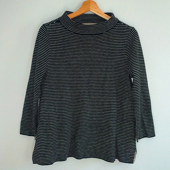 Loft Women’s Medium mock neck 3/4 sleeve black with stripes lightweight sweater - Picture 1 of 6